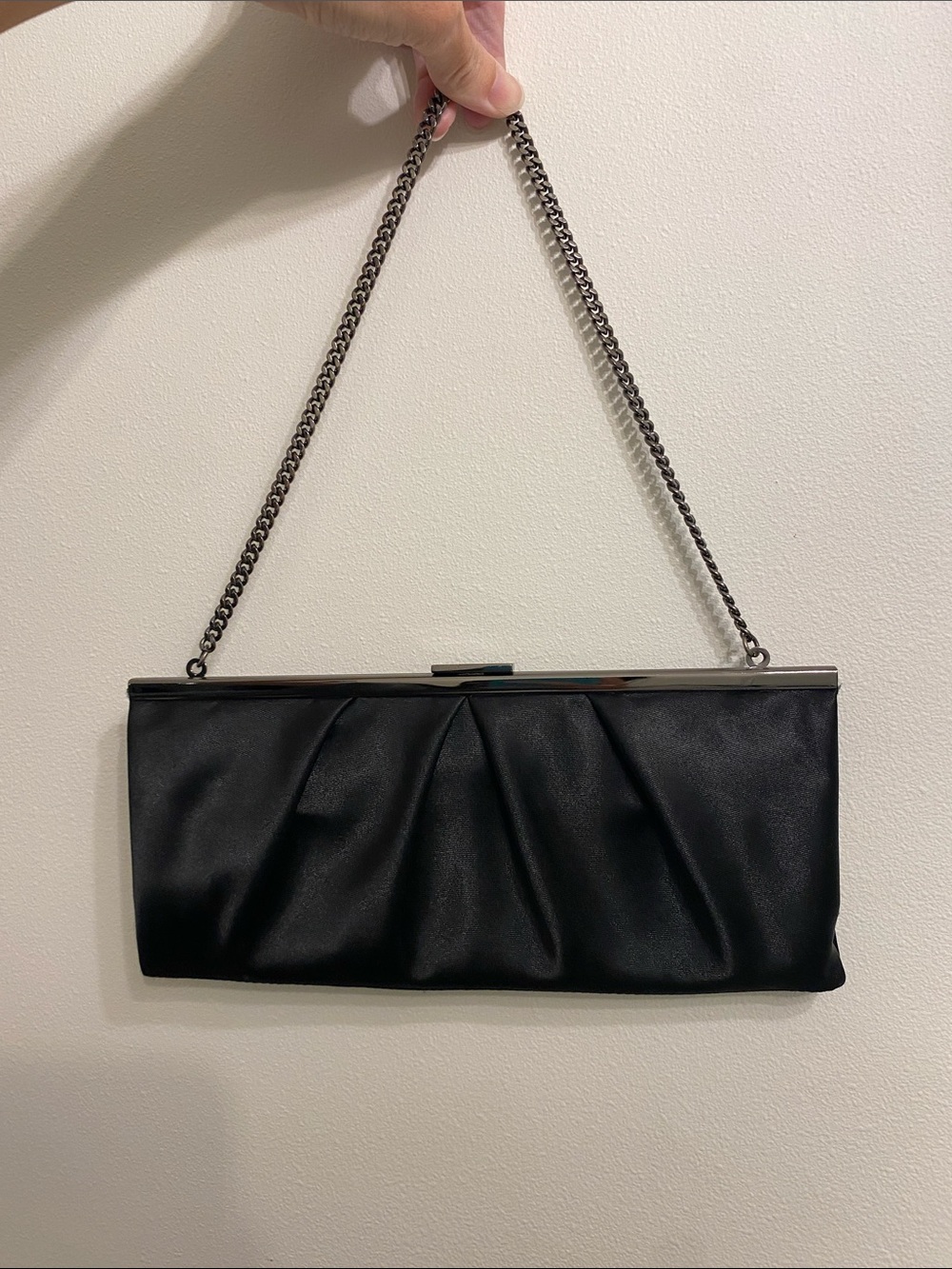 LOFT Black Satin Pleated Evening Clutch with Chain Strap